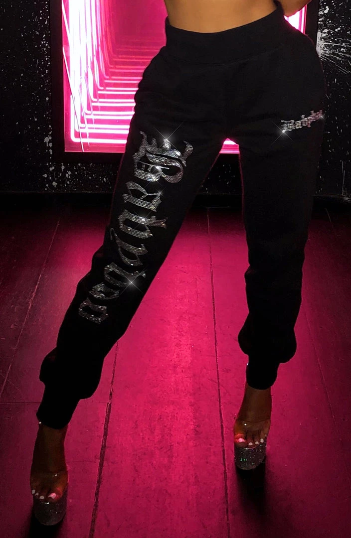 Z.Y NEW ARRIVALS Yasmin Diamante Trackpants - Black