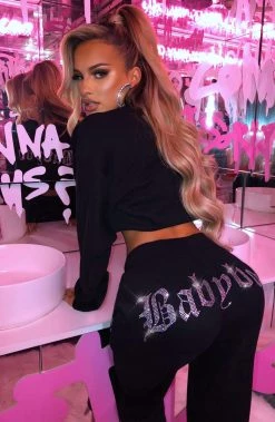 Z.Y NEW ARRIVALS Babyboo Diamante Tracksuit Pant - Black