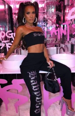 Z.Y NEW ARRIVALS Yasmin Diamante Trackpants - Black